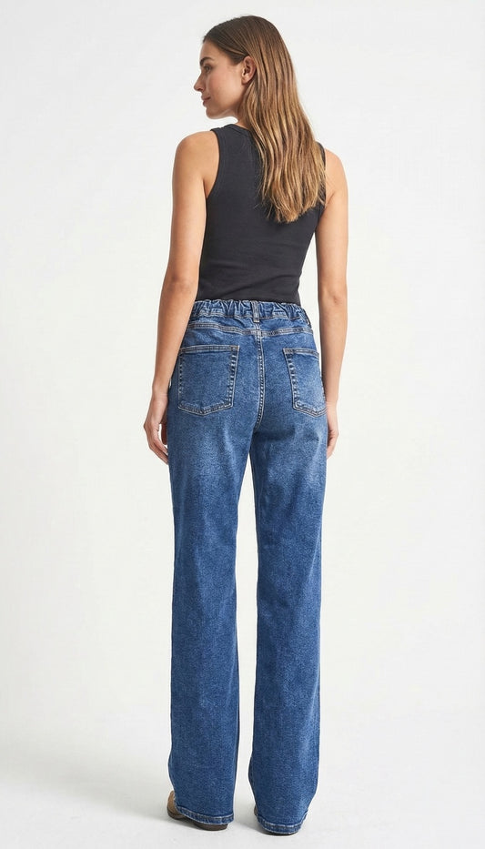 Mid-Blue Straight Fit Jeans (Elastic Waist)