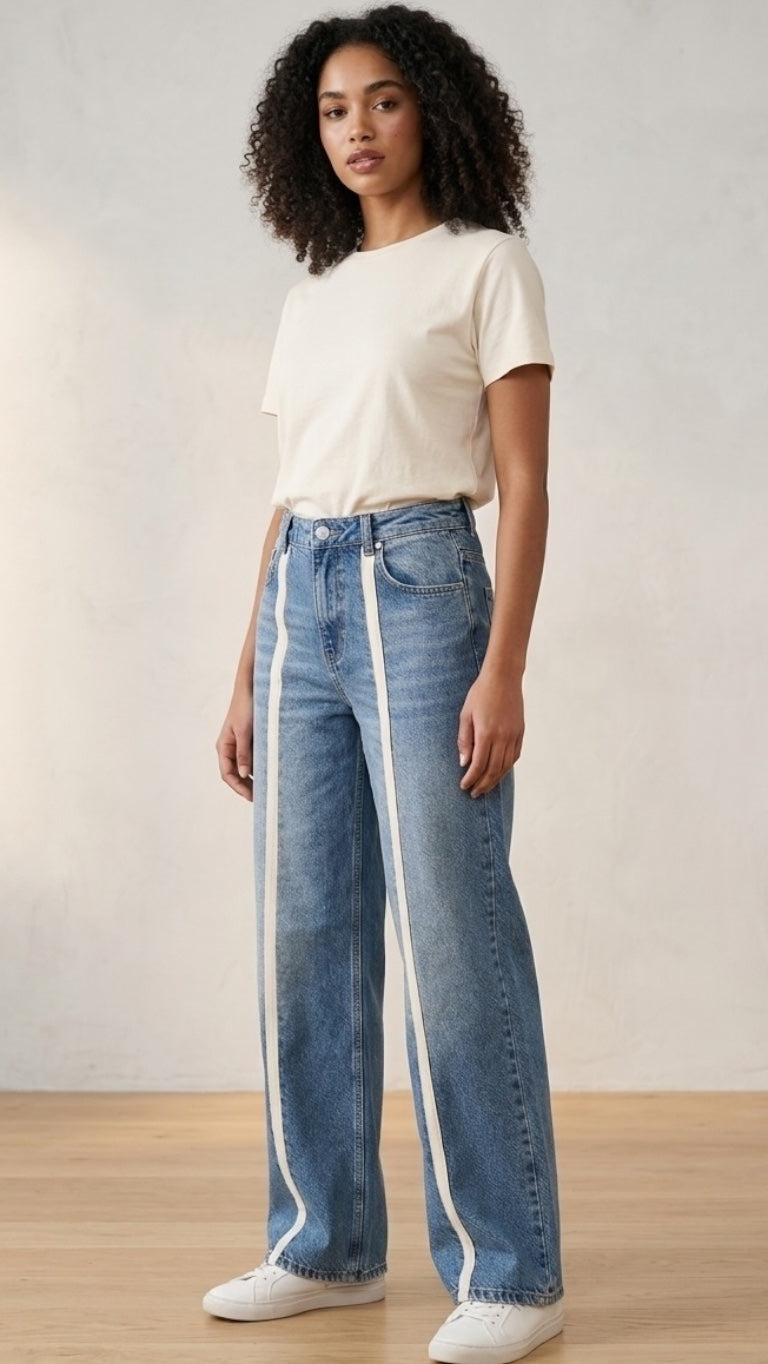Track-Stripe Wide-Leg Jeans