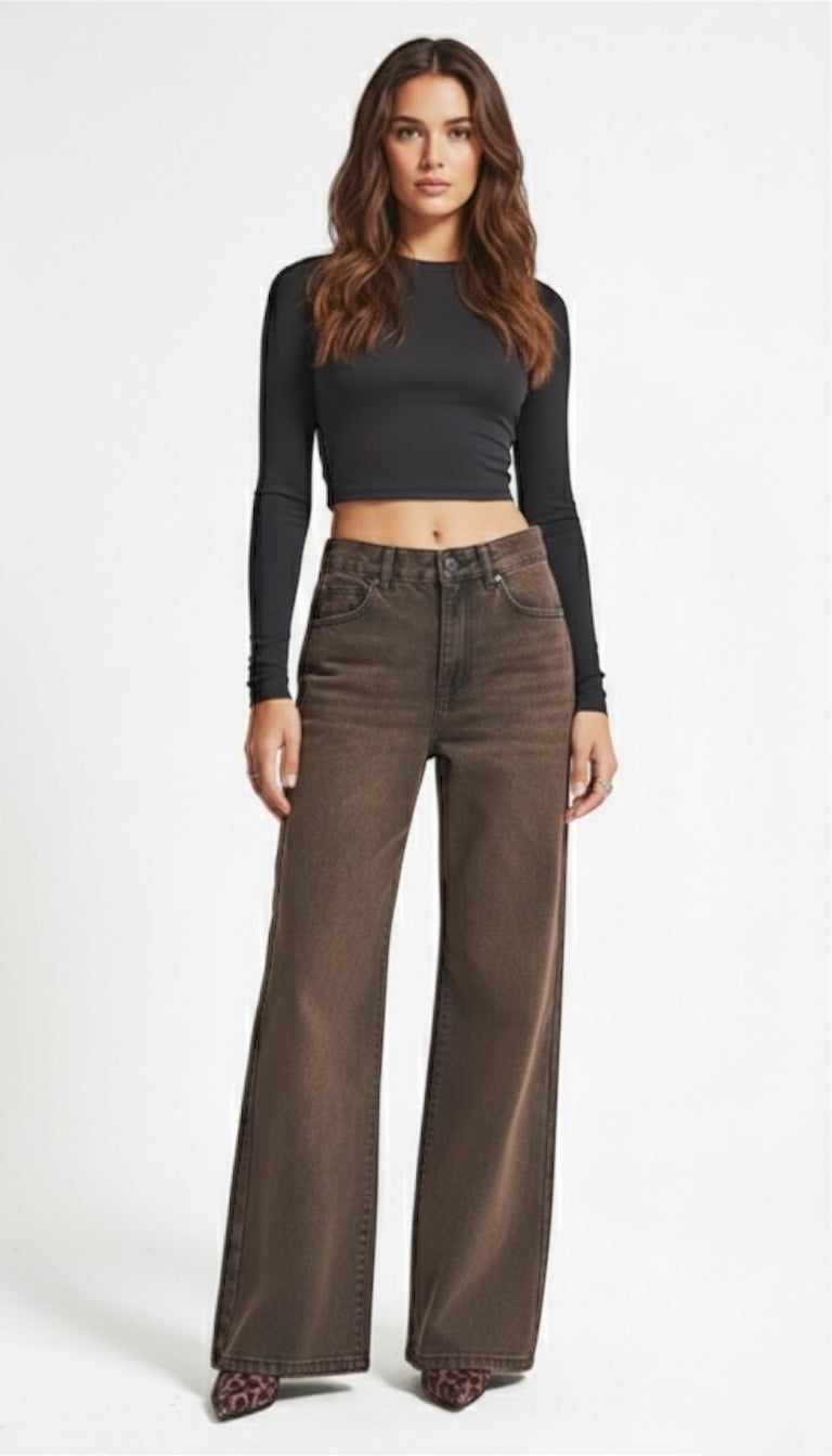 Wide-Leg Brown Denim