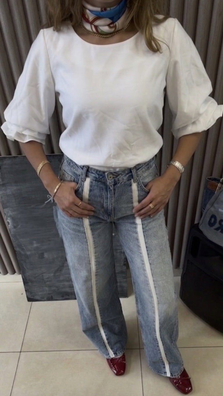 Track-Stripe Wide-Leg Jeans