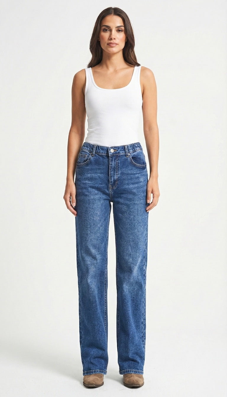 Mid-Blue Straight Fit Jeans (Elastic Waist)