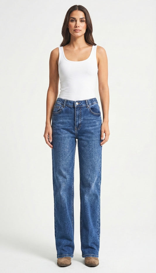 Mid-Blue Straight Fit Jeans (Elastic Waist)