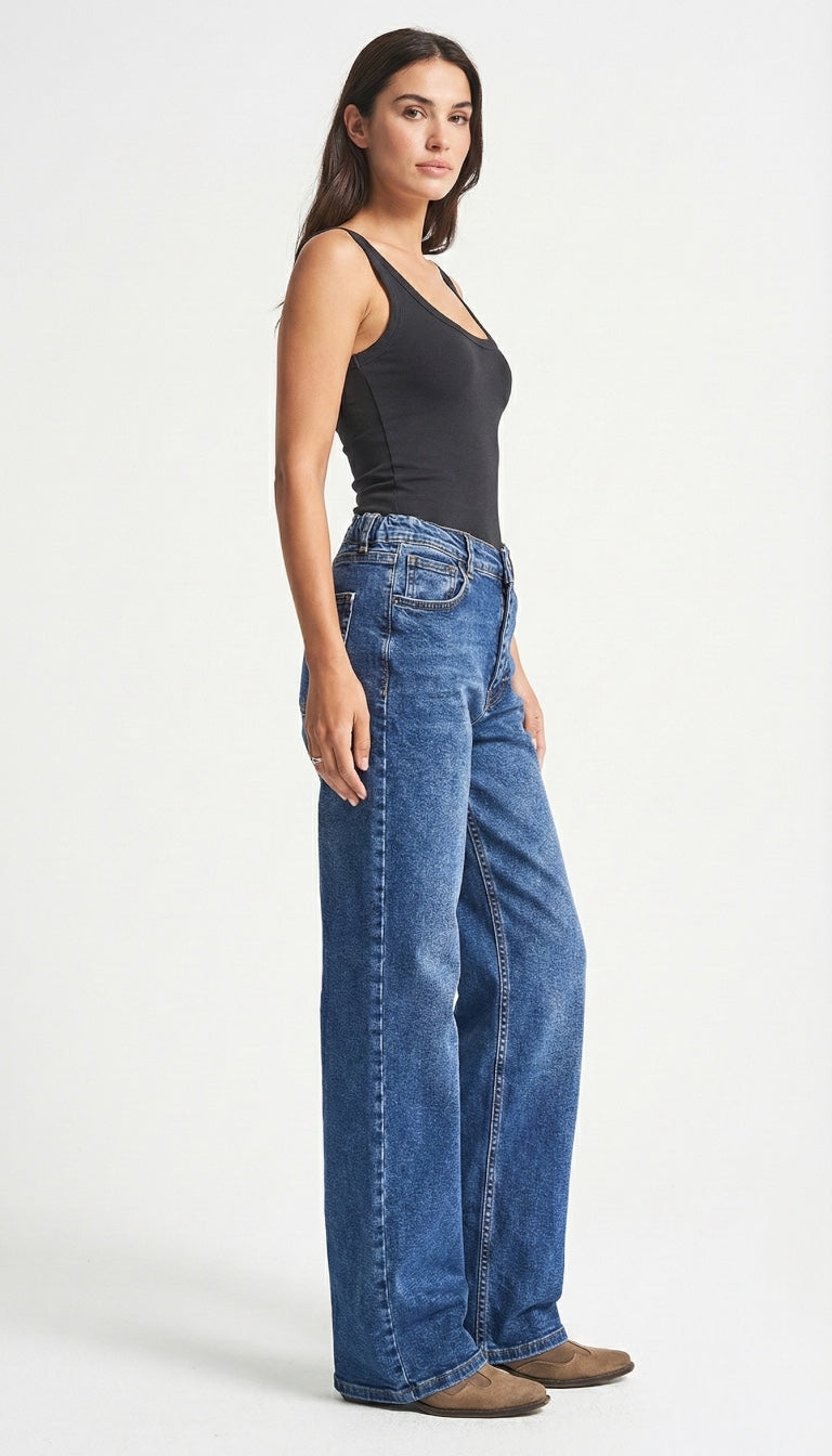 Mid-Blue Straight Fit Jeans (Elastic Waist)