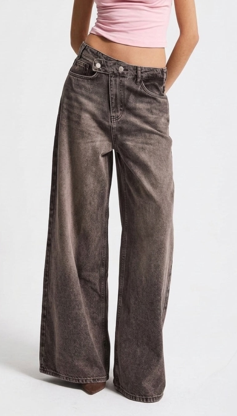Side Buckle Wide Leg Jeans - Blue & Brown