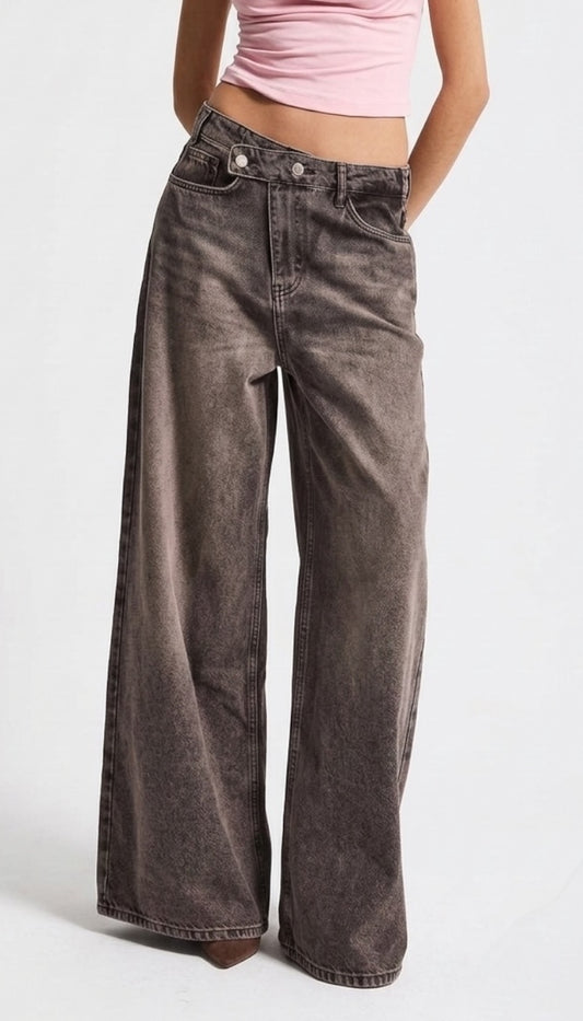 Side Buckle Wide Leg Jeans - Blue & Brown