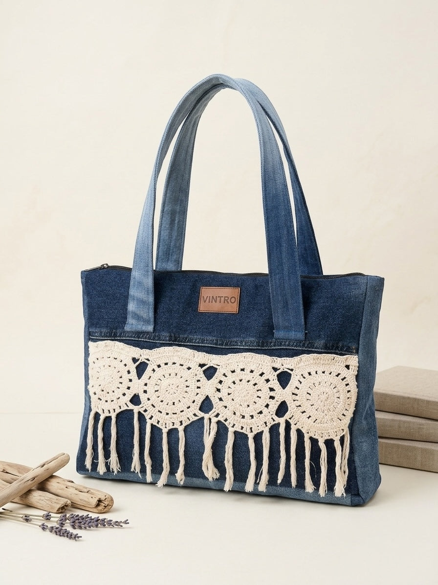 Indigo Lace Tote – Boho Denim Bag