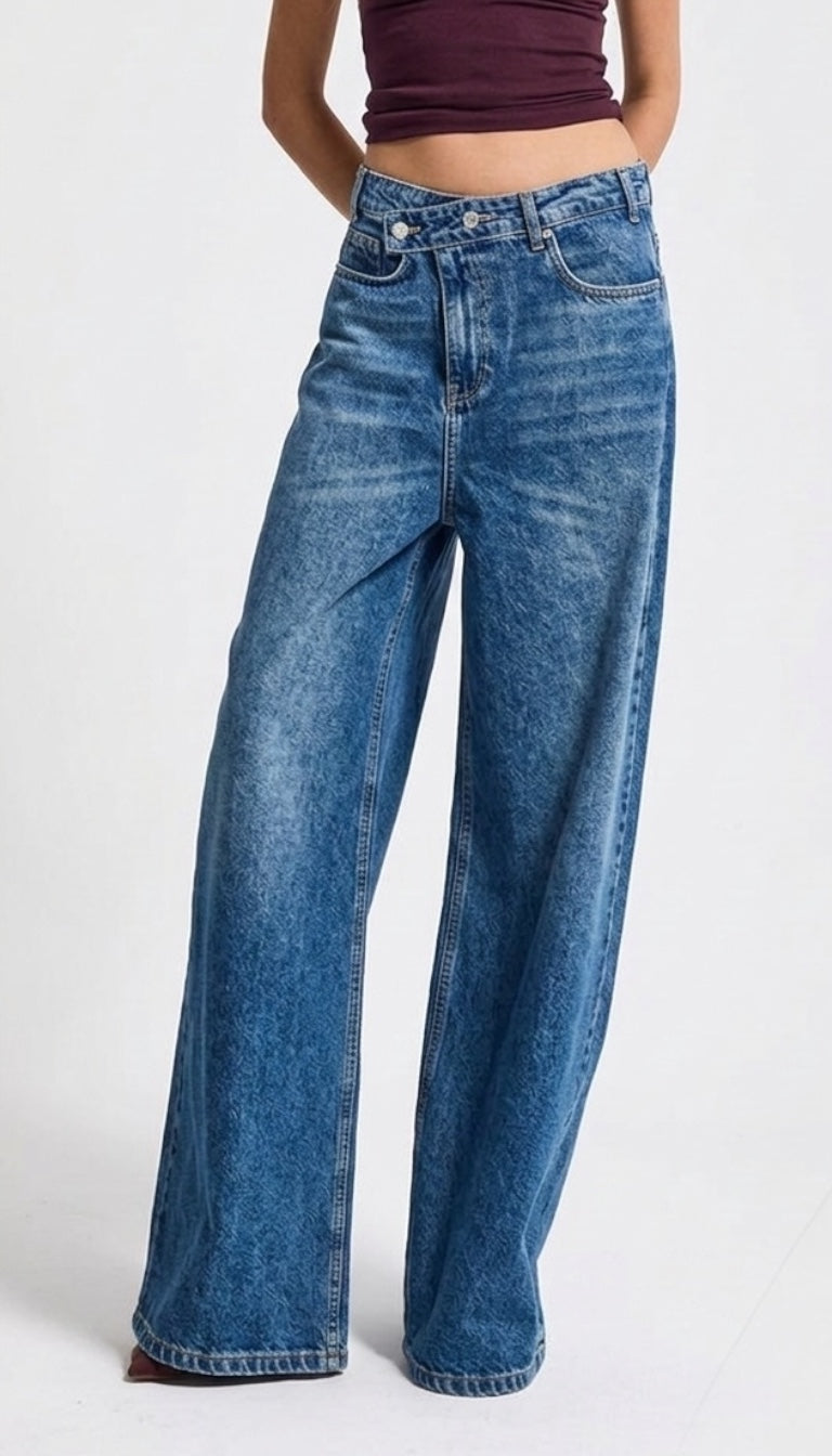 Side Buckle Wide Leg Jeans - Blue & Brown