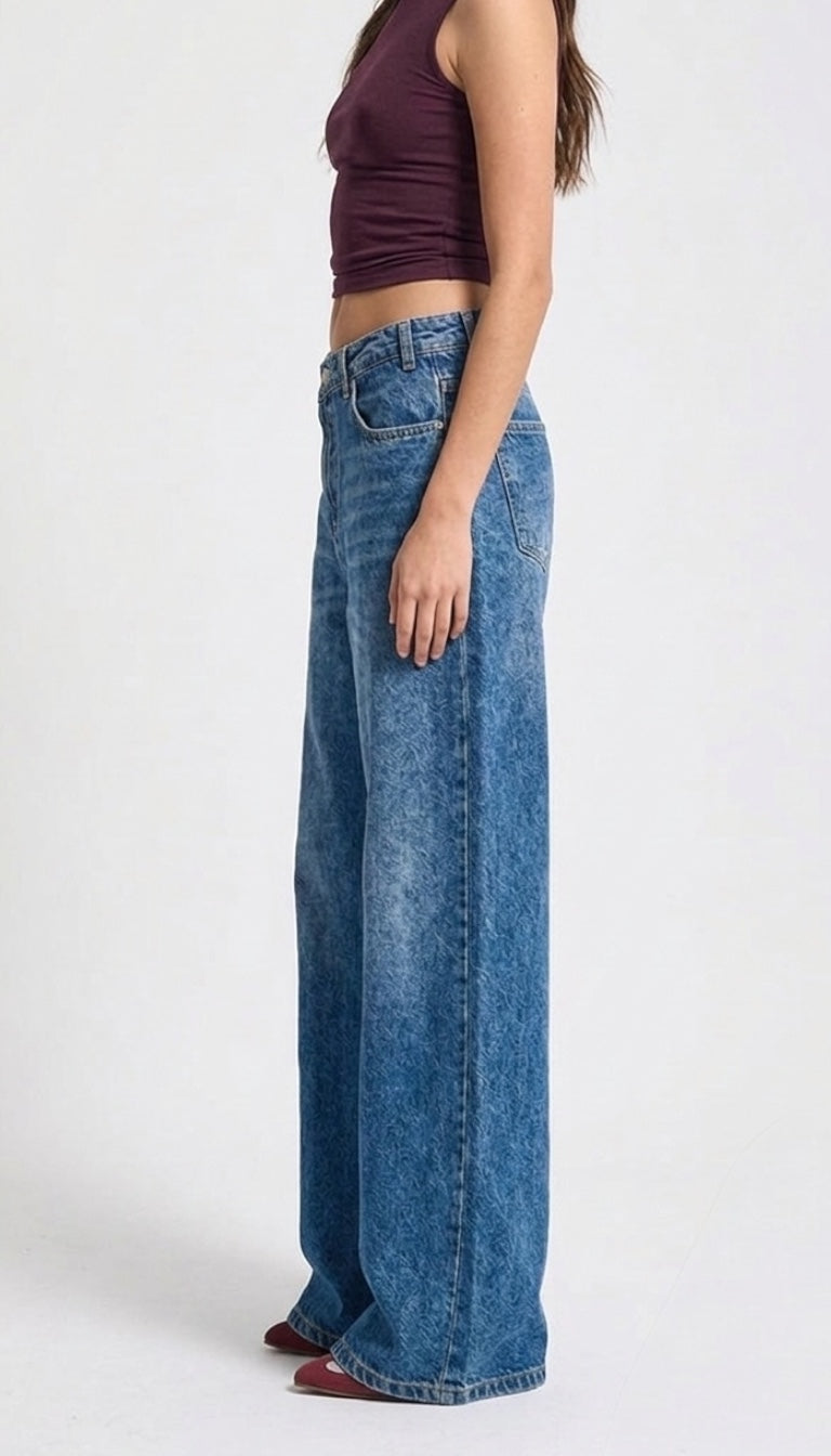 Side Buckle Wide Leg Jeans - Blue & Brown
