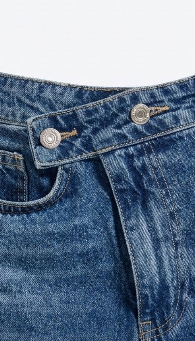 Side Buckle Wide Leg Jeans - Blue & Brown