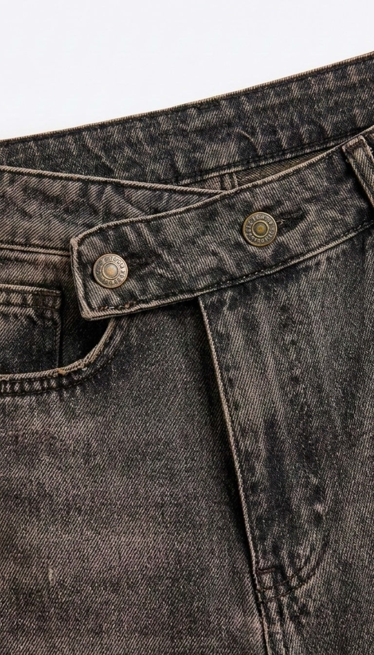 Side Buckle Wide Leg Jeans - Blue & Brown