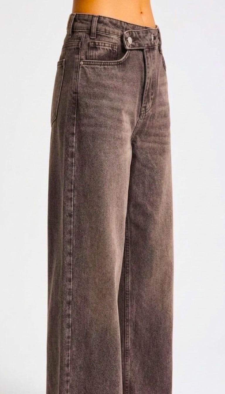 Side Buckle Wide Leg Jeans - Blue & Brown